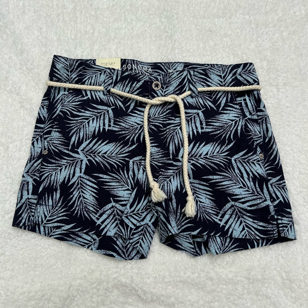 Sonoma Navy and Light Blue Palm-Print Rope-Belt Shorts